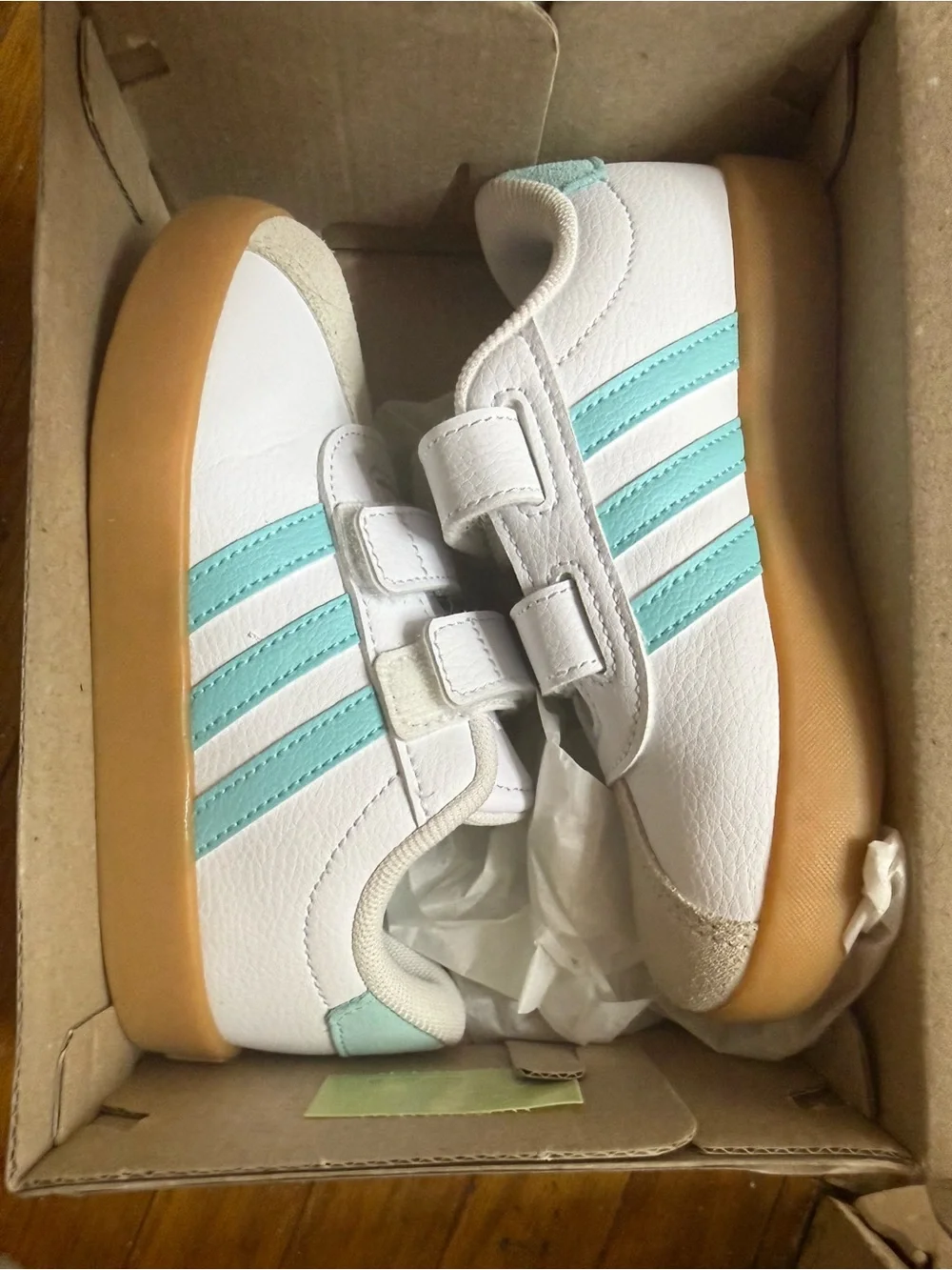 adidas Kids White Sneakers with Teal Stripes and Gum Sole